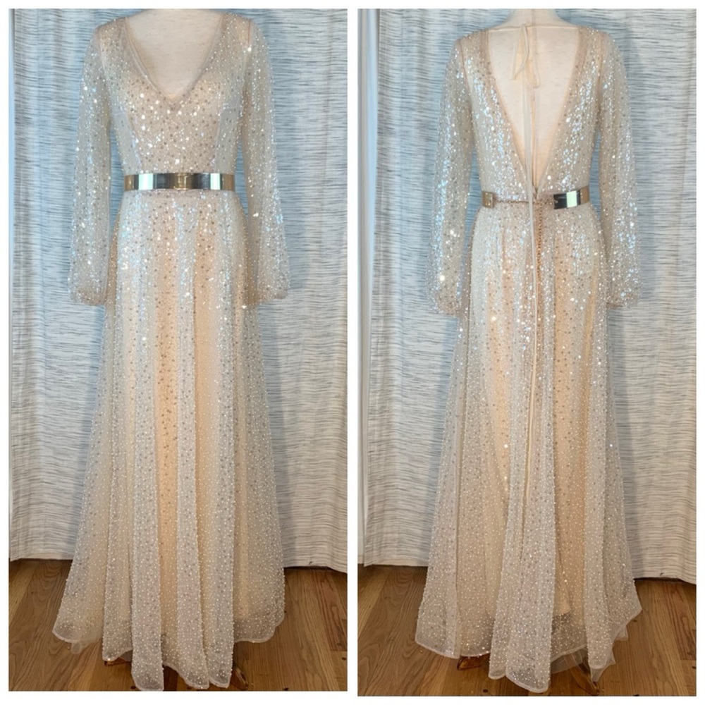 Bliss Cream Long Sleeve Plunge Gown - Picture 2 of 16
